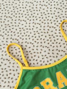 少女款亮色巴西印花撞色休闲吊带背心，修身剪裁，适合夏季、运动休闲穿着。 - 綠色 - 查看 3