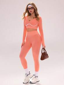 Sovereign Charm 女士交叉绑带长袖上衣和高腰紧身打底裤休闲日常户外健身运动套装 - 藕粉色 - 查看 7