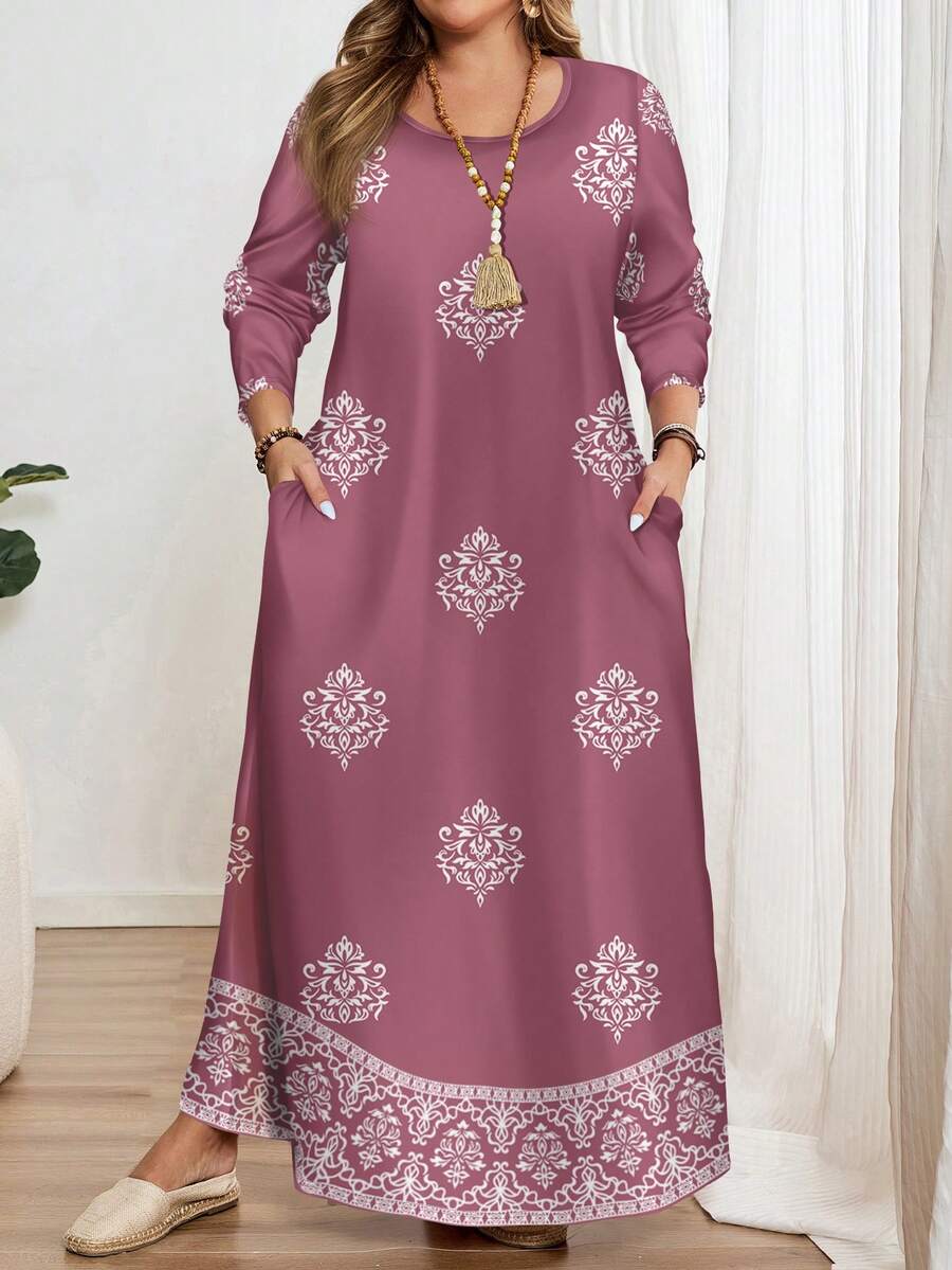 EMERY ROSE Soft Taro Purple, Traditional Elegant Dignified Gold Floral Print Plus Size Retro Print Long Sleeve Round Neck Women Dress, Suitable For Spring; Traditional Arabic Robe Dress Suitable For Spring/Summer Daily, Festivals, Outings, Elegant Long Sleeve Arabic Maxi Dress,Vacation - Multicolor - View 1