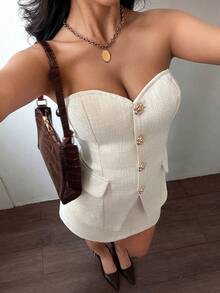 Siren Gaze Women's Strapless Single-Breasted Asymmetrical Hem Top And Mini Skirt Fashion Suit For Commuting And Daily Wear - Apricot - View 3