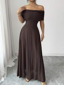 Elegant Brown Knitted Off The Shoulder A Line Maxi Dress With Short Sleeves Flared Hem And Zipper Detail - Brown - View 7