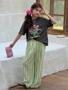 DAZY 2pcs Kids Girls Crew Neck Printed Short Sleeve T-Shirt + Striped Pants Casual Outfit Set - Dark Grey - View 5