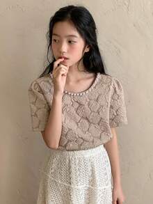 DAZY 少女圆领仿珍珠装饰花卉图案时尚百搭日常短袖上衣 - 卡其色 - 查看 9