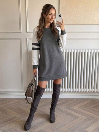 Easowa Vårmusikalisk grå färgblocksklänning med långa raglanärmar, långärmade toppar examen, skolstartskläder, examen, lärarkläder för kvinnor, skolstart höst/vinter