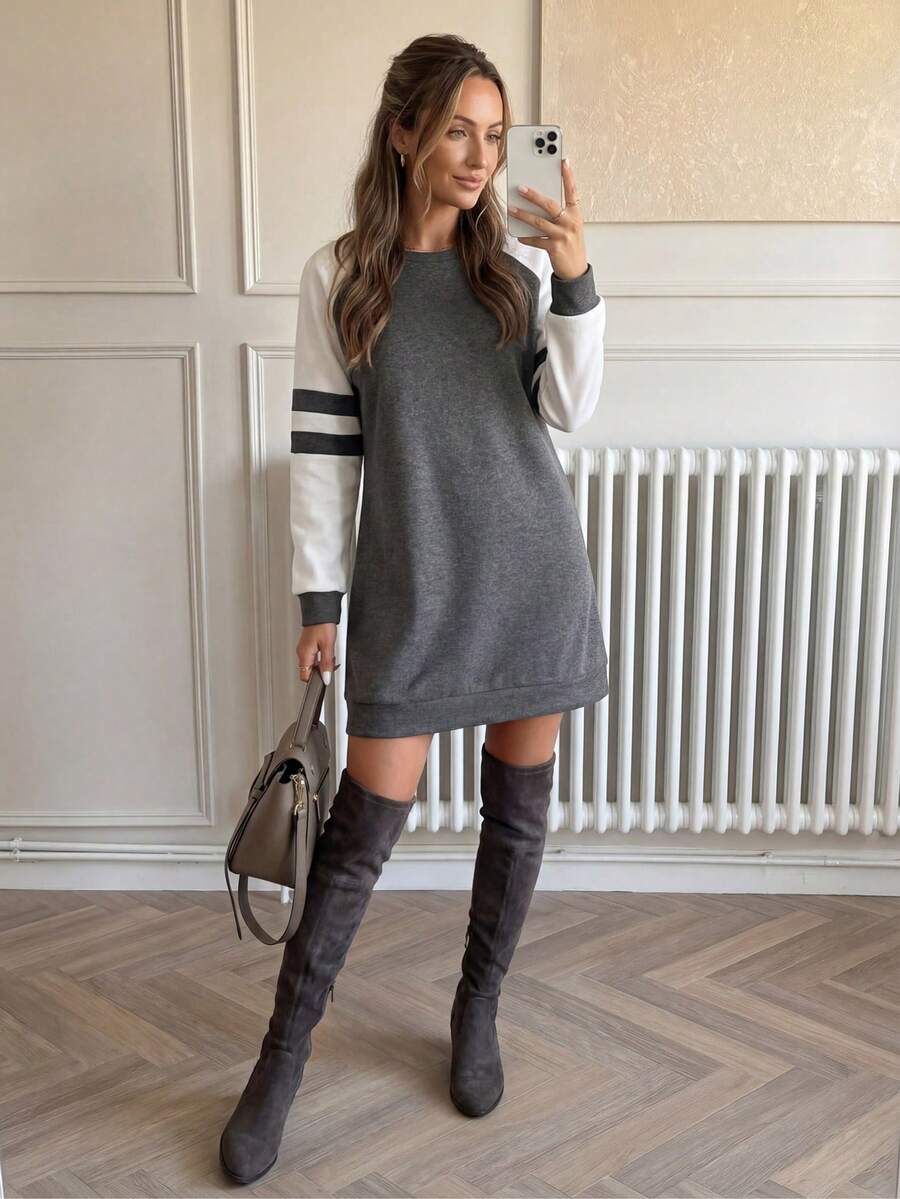 Easowa 春季音乐剧灰色撞色卫衣连衣裙，长袖插肩设计，长袖上衣，毕业季、返校季、毕业典礼、教师装、秋冬季返校季必备单品 - 灰色 - 查看 1