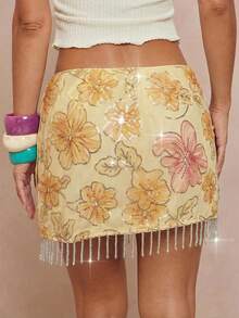 Lumalex Chân váy ngắn buộc dây tua rua đính sequin và hạt cườm hoa văn dành cho nữ - Nhiều màu - Xem 6