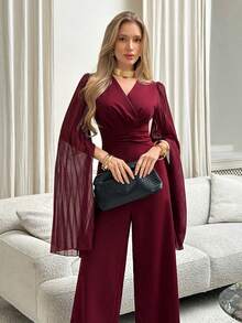 Elenzga Women's Elegant Romantic Precise V-Neck Waist Flared Leg Jumpsuit - Burgundy - View 5