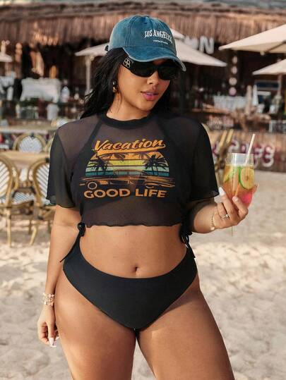 Swim Vcay Plus Size Women Tropical Plant Print Cover Up Paired With Ladies Camisole Bikini Beach Vacation Casual Swimsuit Top 2 Piece Set