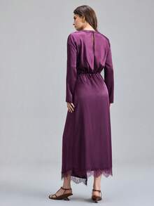 Ontre Vestido Longo de Manga Comprida Elegante com Recortes de Renda e Drapeado em Cor Sólida para Mulheres - Multicolorido - Visão 3