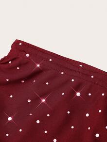 SHEIN EZwear 两件套黑色针织性感网纱亮片装饰女士迷你裙套装，适合派对穿着 - 酒紅色 - 查看 3
