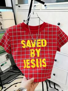 Resyla Women's Casual Plaid Slogan Print T-Shirt, Summer - Multicolor - View 3