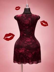 SHEIN ICON Đầm lưới không tay cổ thuyền in hoa hồng cỡ lớn, thích hợp cho mùa hè, lễ tốt nghiệp, tựu trường, kỳ nghỉ hè, mùa xuân, ngày Valentine, hẹn hò. - Nhiều màu - Xem 3