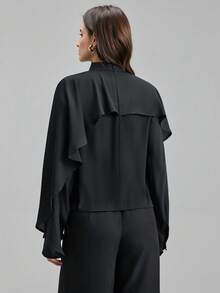 Ontre 2026 Spring/Summer New Black Long Sleeve Layered High Neck Poncho Top, Suitable For Modern Urban Party, Back To School Season, Urban Minimalist Casual Daily Wear, Bohemian Style, Vacation, Festivals, Spring, Valentine's Day Carnival, Women's Beach & Party Elegant Outfit - Black - View 3