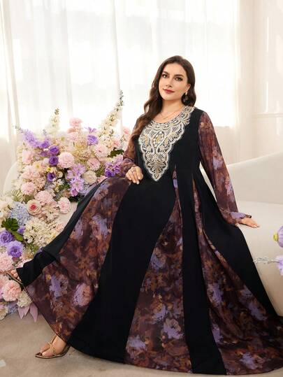 Al Najma 大码女式浪漫阿拉伯土耳其花卉印花雪纺拼接长袖优雅荷叶边下摆长裙，适合正式场合