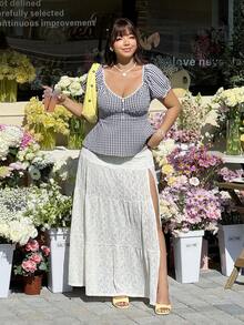 SHEIN EZwear 大码女式格子纽扣设计短泡泡袖可爱上衣 - 黑與白 - 查看 4