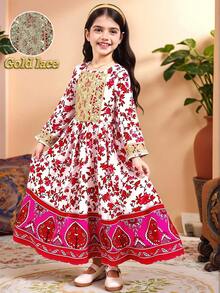 Sparklyn Vêtement arabe traditionnel Jalabiya pour filles, printemps/été/automne, imprimé floral rouge/rose, manches longues, convient aux filles mignonnes et élégantes, de haute qualité, adapté pour le quotidien, l'école, les sorties, les fêtes, les vacances, le Nouvel An - Rose vif - Voir 4