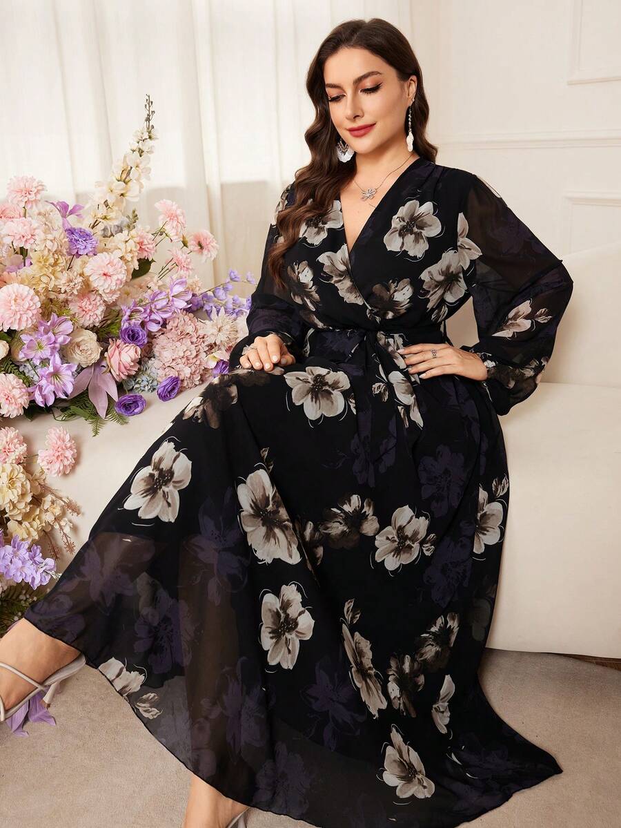 Modelyn Elegant Chiffon Floral Print Long Sleeve Waist Cinched A-Line Plus Size Dress, Spring/Autumn - Multicolor - View 1