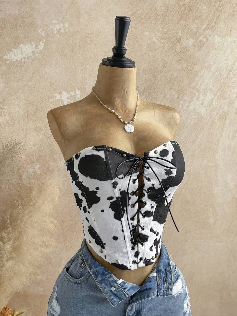 Soleia 性感麂皮系带铆钉解构露脐上衣，适合度假、约会、下午茶、旅行、音乐节、波西米亚风、邮轮、海滩、夏季等场合。 - 彩色 - 查看 1