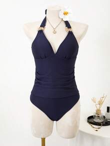 Swim Lushoire 女士金属扣挂脖泳衣，修身款，纹理面料，适合温泉、海滩度假 - 藏蓝色 - 查看 8