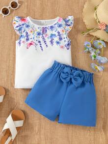 SHEIN Elladie kids 女童夏季休闲度假花卉蝴蝶印花荷叶边袖口上衣和纸袋腰带蝴蝶结装饰短裤套装 - 藍色 - 查看 4