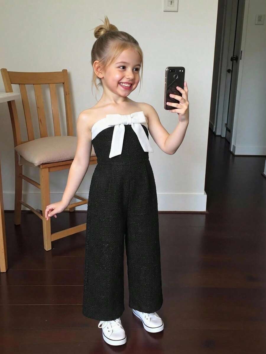 SHEIN Young Girl Solid Color Fitted Casual Jumpsuit - Black - View 1