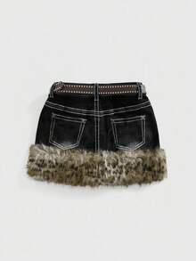 ROMWE Kawaii Y2K复古豹纹毛边大码女式韩风迷你低腰裙配腰带配饰 - 黑色 - 查看 2