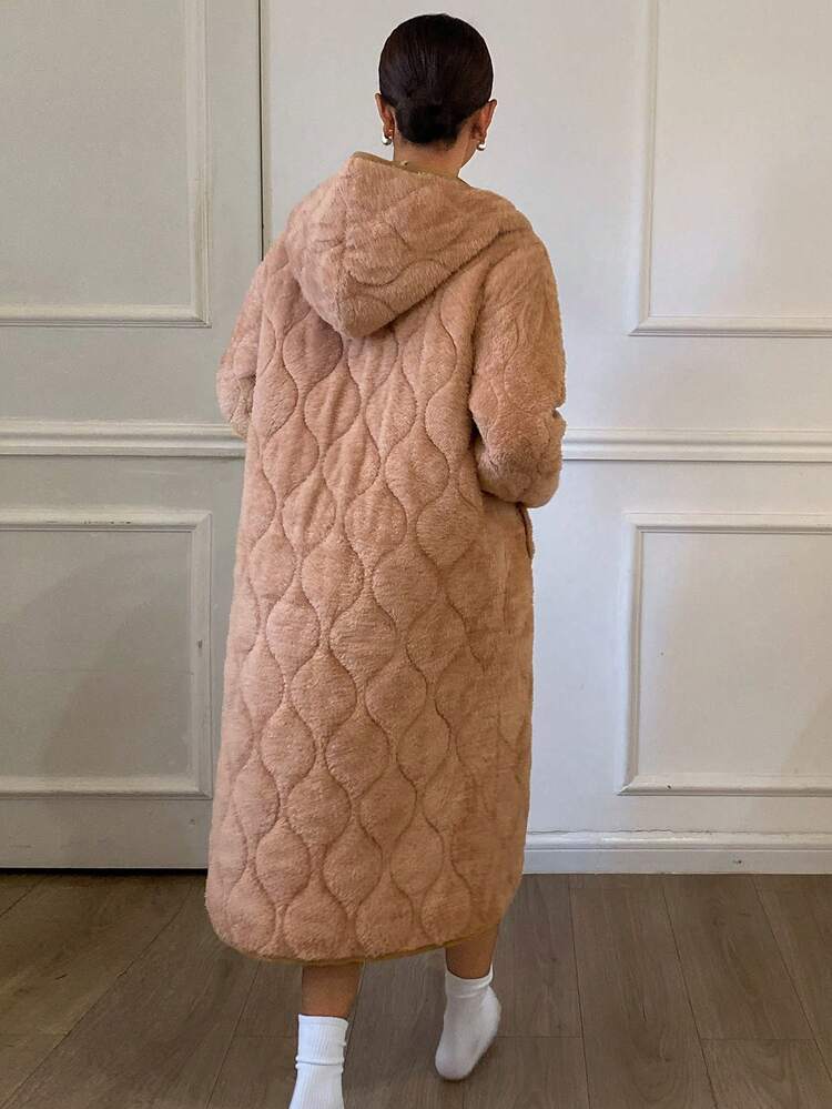 Women's Quilted Padded Hooded Loose Mid-Length Robe, Winter Sleepwear