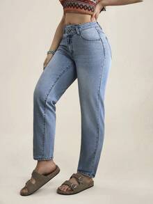 SHEIN Tall 女士休闲日常通勤时尚街头百搭重叠腰部紧身牛仔裤 - 藍色 - 查看 6