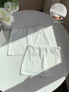 SHEIN EZwear 2件套女士针织短裤带内衬迷你裙裤套装 - 白色 - 查看 3