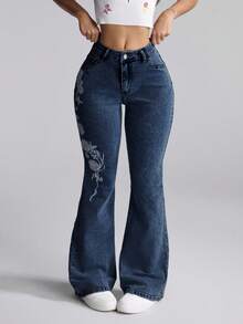 Selenza Jeans de campana con bolsillo bordado con flores, versátil y casual para mujer - Azul - Ver 5