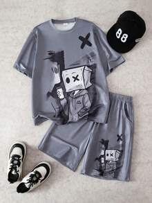 Coolqubz 2pcs/Set Casual Cartoon Character Print T-Shirt Set For Teenage Boys, Suitable For Daily Commute And Sports Wear - Grey - View 8