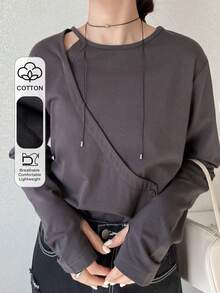 FRIFUL Women's Fitted Hollow Out Oblique Collar Long Sleeve T-Shirt - Grey - View 1