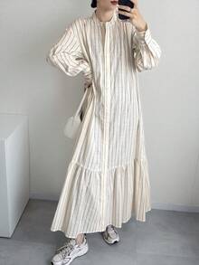 FRIFUL Striped Stand Collar Drop Shoulder Long Sleeve Hem Splice Pleated Full Zip Loose Casual Versatile Dress Wedding Guest Dress - Apricot - View 3