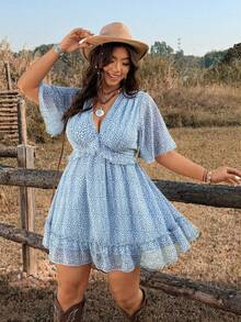 Ceyna 春夏法式优雅荷叶边V领碎花雪纺休闲连衣裙（女款） - 藍色 - 查看 7