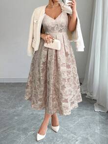 Elenzga 大码女士提花优雅吊带礼服，适合婚礼宾客、秋冬季穿着 - 淺粉色 - 查看 4