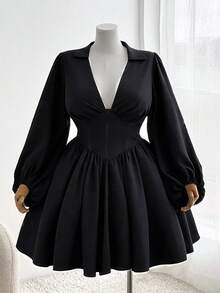 Sweetra Robe d'été ample à manches longues et coupe évasée, couleur unie. Robe de remise des diplômes - Noir - Voir 2