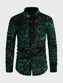 EASEVO Camisa de Manga Longa com Botões e Estampa Flocked para Homens Plus Size, Outono - Verde - Visão 2