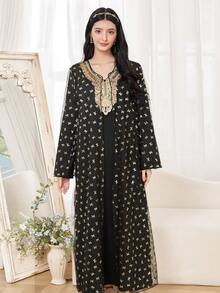 Conjunto de vestido y chaqueta tradicional para adolescentes con diseño floral negro y dorado, chaqueta de malla con lazo y estilo árabe - Negro - Ver 5