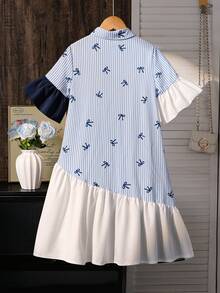 SHEIN Tween Girls' Cute Blue And White Striped Short Sleeve Shirt Dress,Fashion Bow Patchwork Midi Dress For Summer,Vacation,Holiday,Daily Wear&Outings - Blue and White - View 2