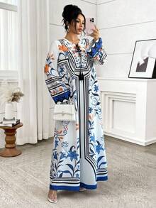 Yasmyna Women's Floral Print Tassel Tie Neck Long Sleeve Loose Arabic Style Dress Kaftan Jalabiya Dress Caftan Dress Mediterranean Style Clothes - Multicolor - View 7