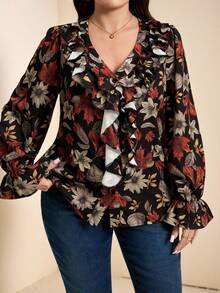 SHEIN LUNE Plus Size Women's Valentine Simple Flower Print Summer Ruffled Casual Vacation Loose Blouse, Spring/Autumn,Fall Holiday - Multicolor - View 8
