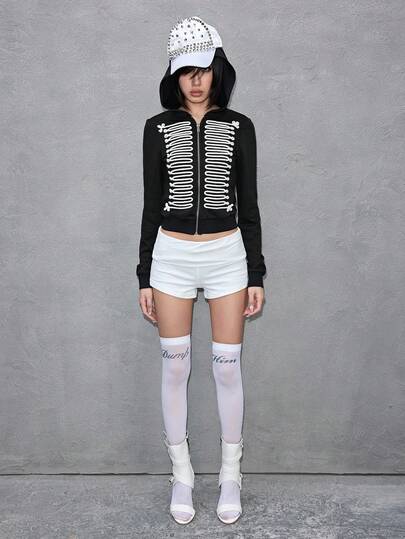 ROMWE Avant Chaqueta con capucha con cremallera, bordado de tótem estilo palacio vintage con cuerda