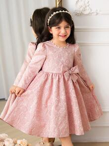 Glamorique Kids Đầm dài tay, xòe rộng bằng vải jacquard màu hồng hoa hồng cho bé gái, đầm dự tiệc sinh nhật cao cấp, trang trí nơ đính cườm thủ công, kiểu dáng thanh lịch và công chúa, phù hợp cho các dịp thường nhật, lễ hội, tiệc tối, đám cưới. - Hồng - Xem 3