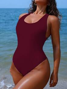 Swim SXY Áo tắm liền thân ôm sát, không tay, hở lưng, xoắn nhún, màu trơn, gợi cảm dành cho nữ, thích hợp mặc đi biển mùa hè. - Màu Đỏ Sâu - Xem 4