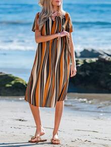 Sylviya Notched Neckline Color Stripes With Sleeves Striped Print Tunic Summer Dress - Multicolor - View 5