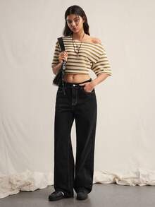 Easelle 女士休闲时尚街头风日常通勤撞色缝线星形图案宽松阔腿裤 - 黑色 - 查看 6