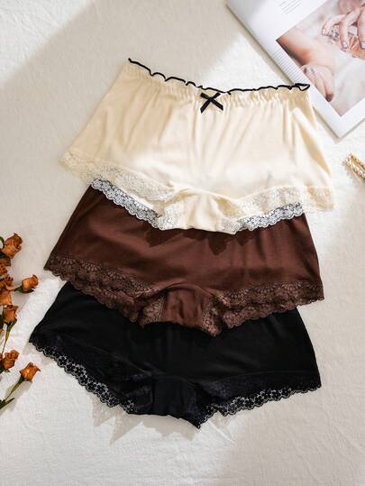 PetitDoll 3pcs Set Casual Lace Patchwork Ribbed Boyshort Panties