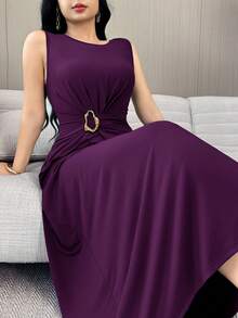 Feyla Waist Ruched Metal Decor Cinched Waist Elegant Cocktail Party & Work Versatile Dress - Bold Plum - View 3