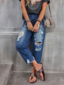 EMERY ROSE Women's Casual Everyday Washed Distressed Straight Leg Jeans Ripped Jeans Distressed Jeans Ripped Women Jeans Boyfriend Jeans Women Baggy Jeans - Blue - View 7