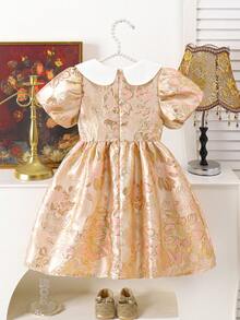 SHEIN 女童碎花束腰泡泡袖连衣裙，优雅派对礼服，泡泡袖设计，适合所有季节 - 粉色 - 查看 4